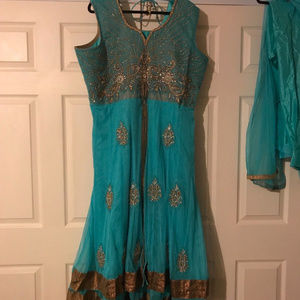 Designer Bridal Heavy Stone Work Net Teal Anarkali